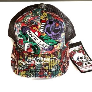 Ed Hardy Unisex Love Life Dagger Satin Quilted Trucker Cap